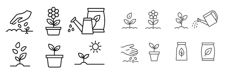 Set of line icons for gardening, planting, and plant growth with symbols for seeds, sprouts, flowers, and tools