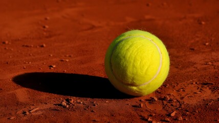"Bright Yellow Tennis Ball on Clay Court with Sharp Shadow"