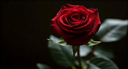 Fototapeta premium A close-up shot of a single, vibrant red rose with lush green leaves against a dark background.
