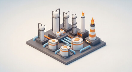Isometric 3d rendering of an oil refinery with tanks and pipelines, showcasing energy production and industrial infrastructure in a stylized design