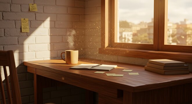 Cozy home office scene with sunlight streaming through window, perfect for relaxed working mornings - Powered by Adobe