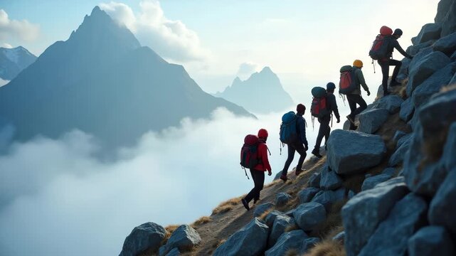 Expedition team navigates narrow mountain pass carrying climbing gear under shifting cloud cover demonstrating coordinated exploration in  Photo Stock  Concept  and empty space on the left side
