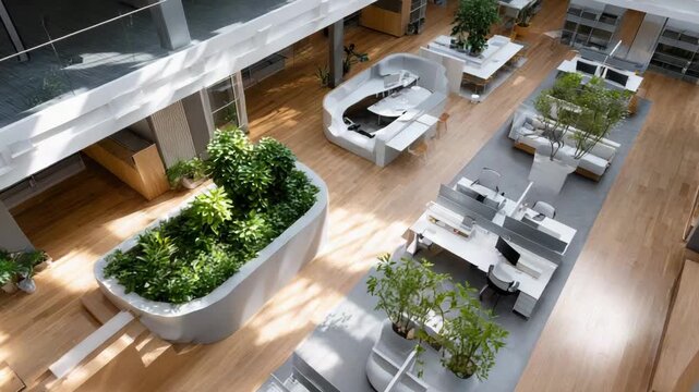 Modern Office Space: A meticulously designed, contemporary office showcases an open-plan layout, abundant natural light, and integrated green spaces.