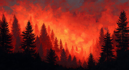 Silhouette of pine trees against a fiery orange and red sky backdrop