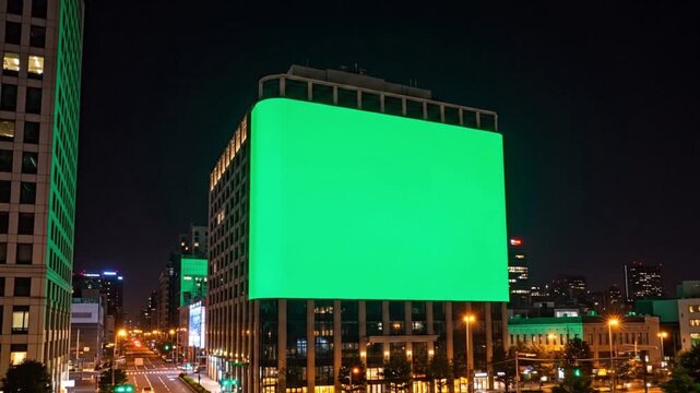 A massive blank green screen billboard illuminates a modern city building at night, ideal for advertising mockups and digital composites