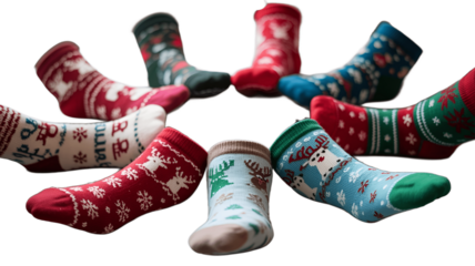 A collection of patterned socks arranged in a circular fashion.