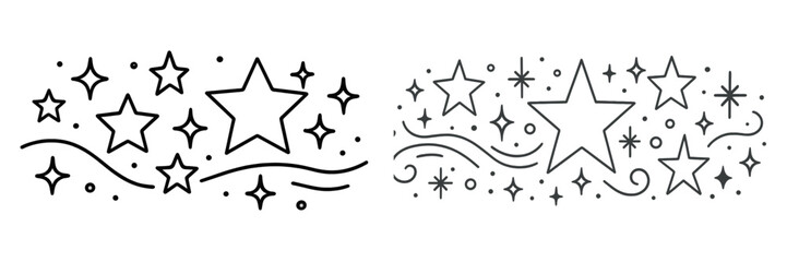 Set of hand drawn star doodles and sparkle elements in black and white line art style for decoration and design