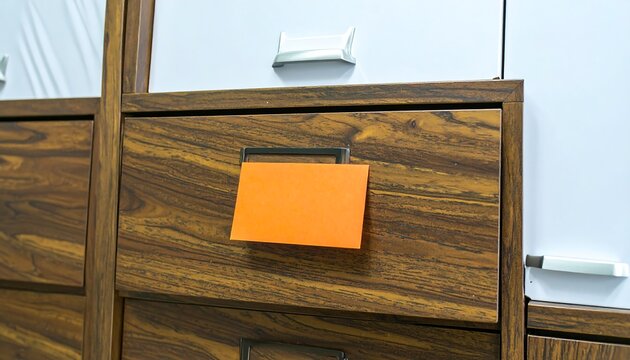 Wooden file cabinet with orange note
