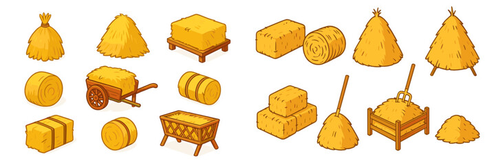 Collection of Cartoon Hay Bales, Haystacks, and Farming Elements like Wheelbarrow and Pitchfork for Agricultural Design © icon_art