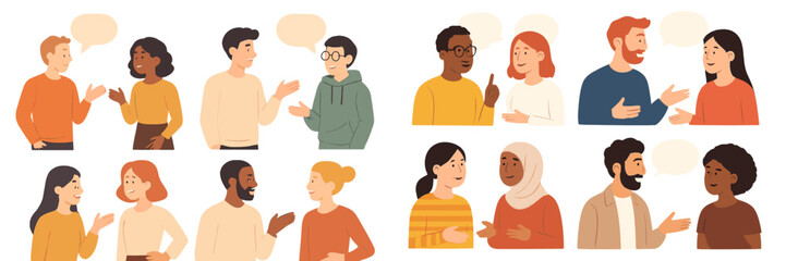 Set of diverse people talking in pairs with speech bubbles for communication and dialogue concepts