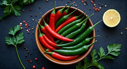 Overhead shot of a bowl of assorted red and green chili peppers with herbs and spices on a dark surface.