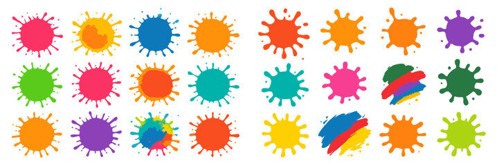 Colorful paint splatters and ink blots collection. Abstract grunge splash shapes and artistic brush strokes isolated on a white background