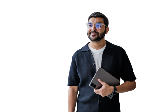 Confident person holds a tablet, radiating creativity.