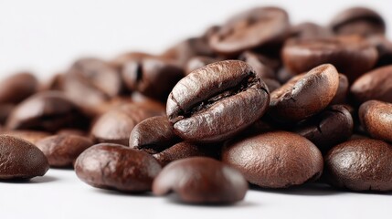 Close up of glistening coffee beans showcasing rich textures and varied brown tones