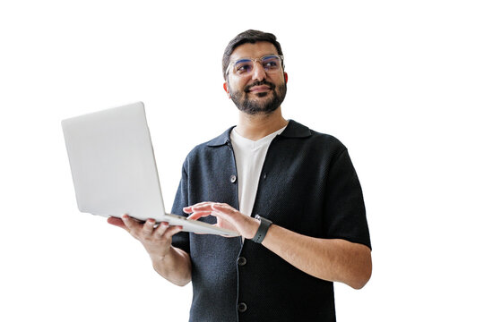 Man happily using a laptop in a relaxed way. - Powered by Adobe
