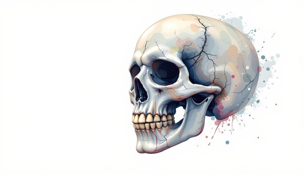 A digital artwork features a 3D skull with visible teeth and eye sockets set against a clean white background, creating a stark contrast that emphasizes its skeletal nature