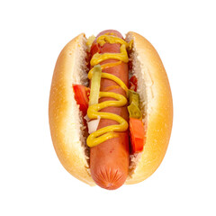 Top View Hot Dog on a Transparent Background with Mustard Ketchup and Pickles