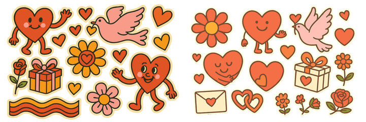Groovy retro Valentine's Day sticker collection with cute heart characters, doves, and flowers for romantic design