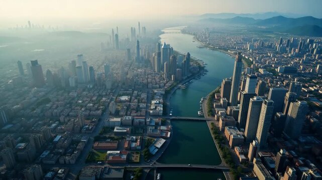Drone aerial photography captures sprawling city grid and river network from high altitude producing striking geometric urban pattern shot in  Photo Stock  Concept  and empty space on the left side