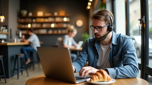 Freelancer engages in working at cafe balancing client calls and keyboard productivity while enjoying croissant and specialty coffee in modern coffeehouse in  Photo Stock  Concept  and empty space on 