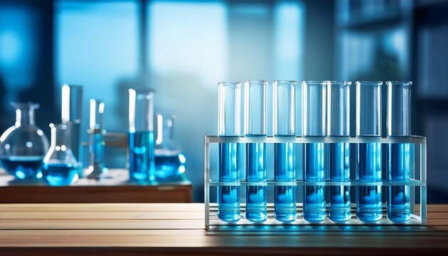 laboratory test tubes with blue liquid on wooden table