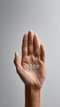 Multiple images of a senior person raising their hand with the word stop written on their palm, symbolizing protest against immigration raids and civil unrest