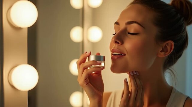 Model Applying Hydrating Night Cream for Youthful Glow Under Warm Vanity Lighting - Evening Skincare Routine with Empty Space for Text