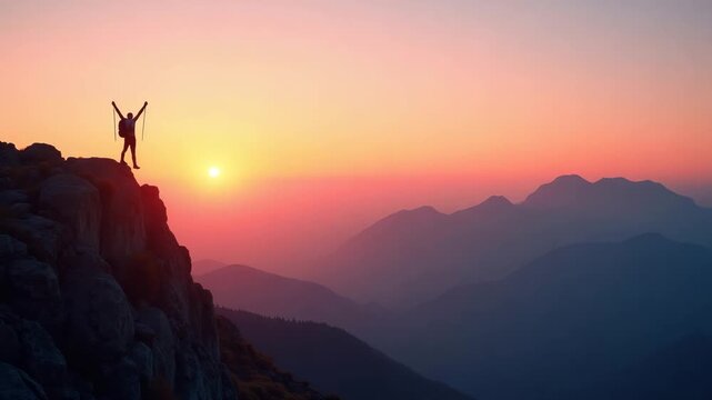 Lone Wanderer Summits Rocky Ridge at Dawn: Sunrise Hiking Expedition with Panoramic Mountain Views and Pink Sky Glow - Photo Stock Concept
