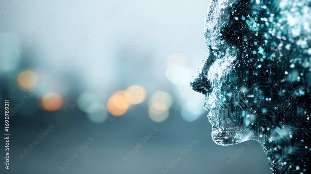 Poster a striking profile of a human face dissolving into intricate digital circuitry, symbolizing the merg