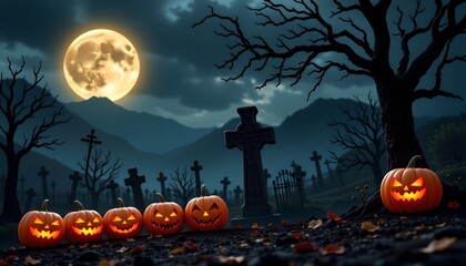Fototapeta premium A Halloween themed night scene with carved jack o' lanterns lined up on the ground in front of a haunted graveyard. The sky is dark with full moons and silhouetted trees, creating a spooky atmosphere.
