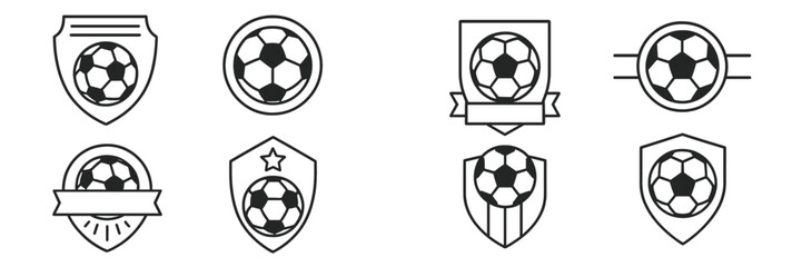 Obraz premium Set of soccer ball emblems and football club logo icons with shield and crest designs in a minimalist line art style