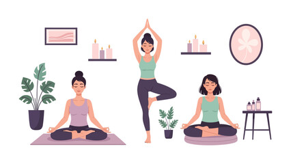 Three diverse women practicing yoga and meditation in a calm and serene home studio environment with plants and decorative elements