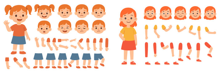 Cartoon boy and girl character constructor kit for animation with separate body parts, different facial expressions, emotions, and poses