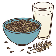 A blue bowl filled with caraway seeds next to a glass of milk and a sprig of caraway plant