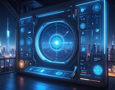 Futuristic control panel interface with glowing blue digital screens and holographic displays on a city skyline background