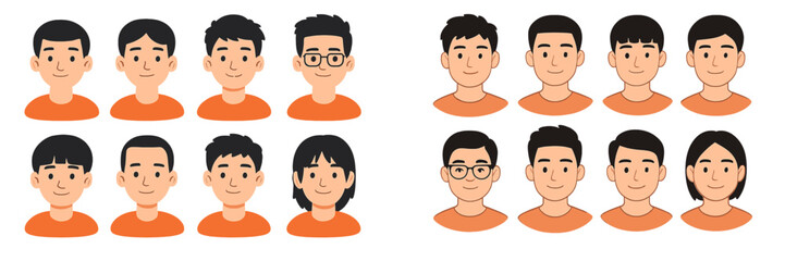 Collection of young Asian male character portraits with different hairstyles and glasses for creating avatars