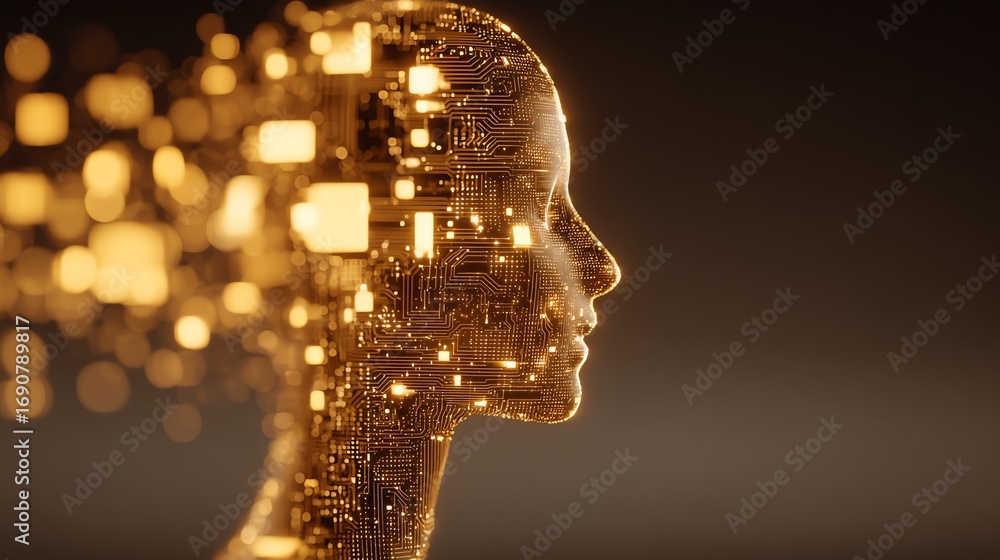 Poster a digital human profile emerges from a cascade of golden particles, representing the intersection of