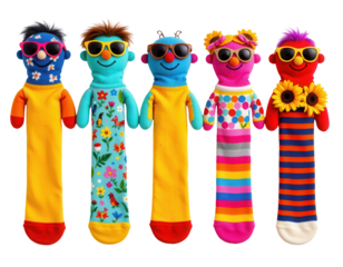 Colorful Sock Puppets with Sunglasses and Fun Patterns Displayed