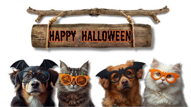 Illustration of a dog wearing bat-shaped glasses and a cat with pumpkin Halloween glasses, with a wooden sign hanging from tree branches decorated with &ldquo;Happy Halloween&rdquo; text, festive playful style
