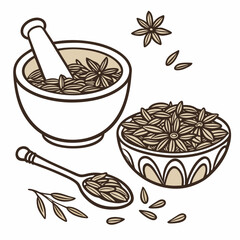 Illustration of star anise seeds in a mortar and pestle bowl and decorative bowl with a spoon and sprig