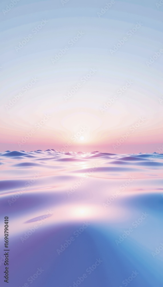 Poster serene sunrise over smooth water surface creating pastel reflections with gentle waves and soft hues