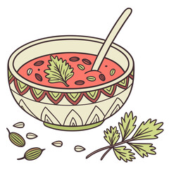 Whimsical illustration of a bowl of tomato soup with a spoon and fresh herbs and spices