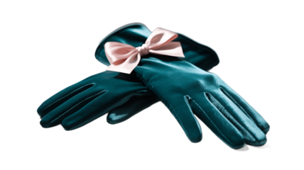 Elegant teal gloves tied with a pink bow, perfect for a touch of sophistication.