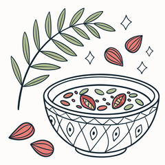 Whimsical hand drawn bowl of soup with almonds and olive branch decoration