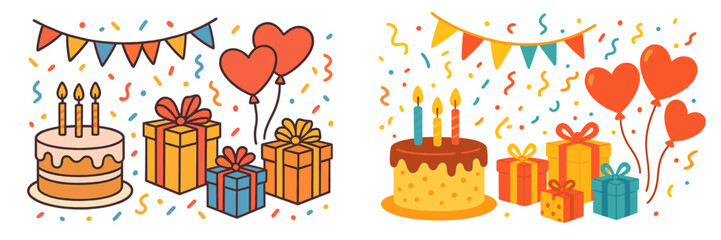 Set of colorful birthday party elements with festive cake, lit candles, wrapped gift boxes, heart balloons, and confetti decorations