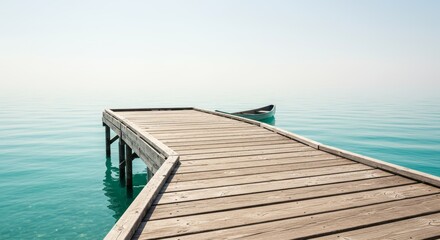 Wooden pier extends towards a small boat on calm turquoise water.