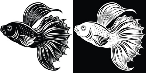 Elegant Siamese fighting fish illustration in bold black and white, perfect for aquatic decor and design projects