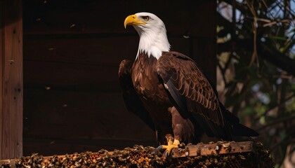 Bald eagle perched on beehive