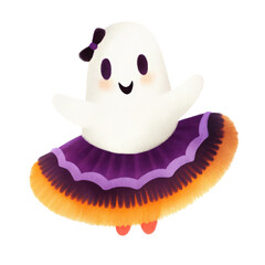 Dancing ghost in a tutu skirt for Halloween celebration isolated transparent background.
