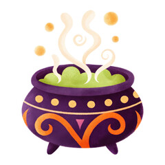 A cauldron filled with green potion for Halloween decorations. isolated transparent background.